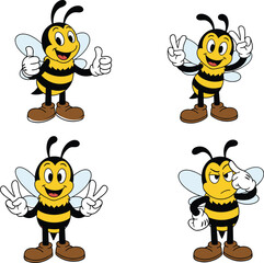 Cartoon bees with different expressions and gestures, cute insect characters, thumbs‑up, peace sign, skeptical pose, playful mascot illustration, fun bee character set