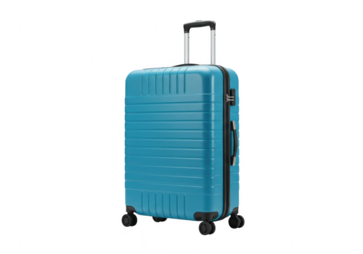 Blue suitcase with wheels and retractable handle isolated on transparent background