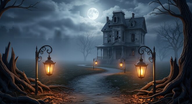 Spooky Halloween night with haunted house, full moon, and glowing lanterns, perfect for chilling themes