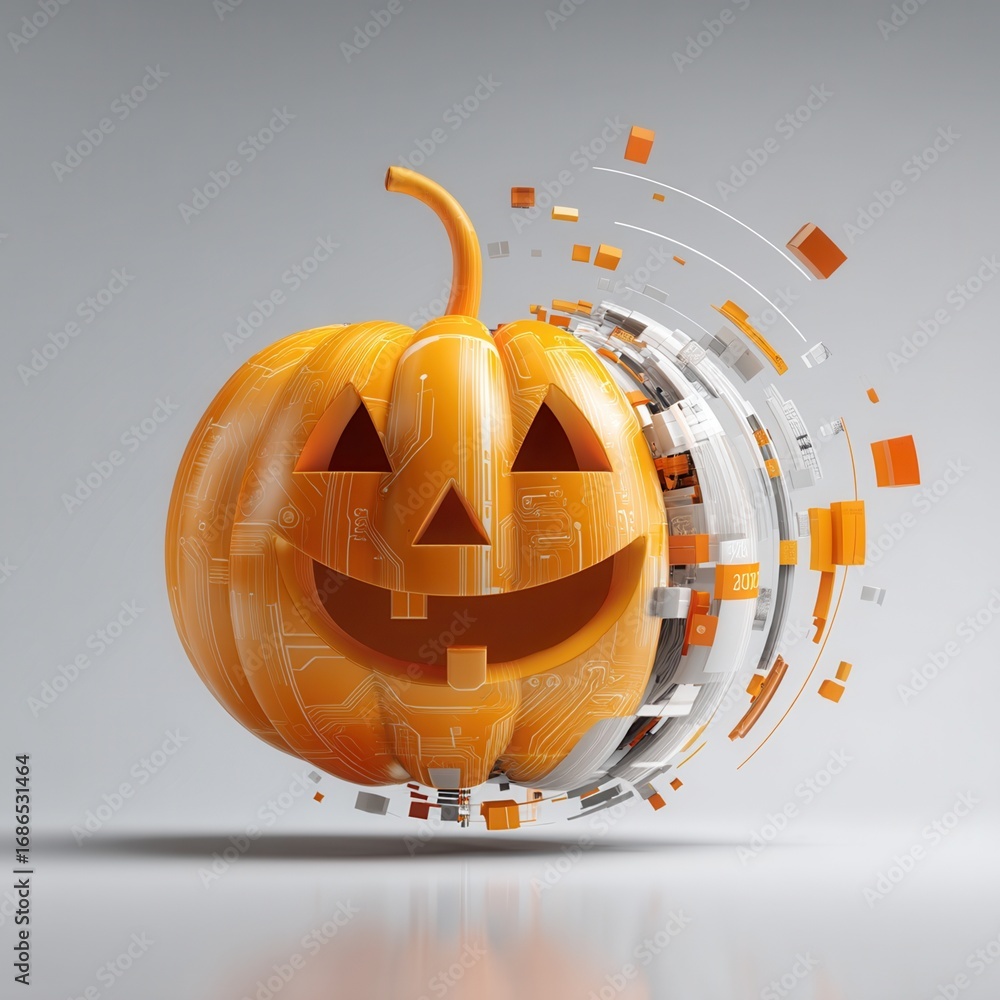 Poster halloween concept. digital pumpkin with a smiling face and circuit design elements.