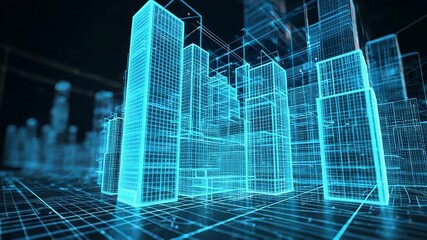 Futuristic smart city emerging from digital grid, hologram buildings representing innovation and technology - Powered by Adobe