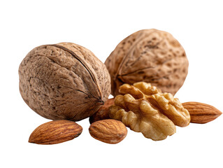 Close-up of walnuts and almonds.  Two walnuts, a light-brown, rough shell, are prominently displayed.  Several almonds, a light-brown to tan, are scattered near them, one whole walnut is visible. 