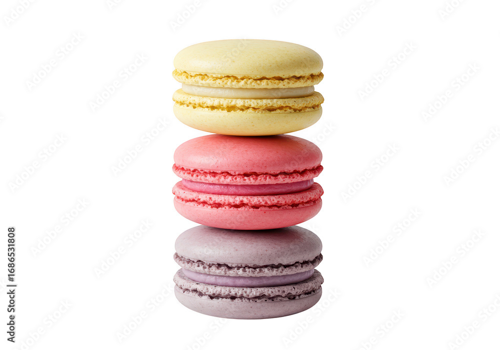Poster stack of three colorful macarons isolated on transparent background