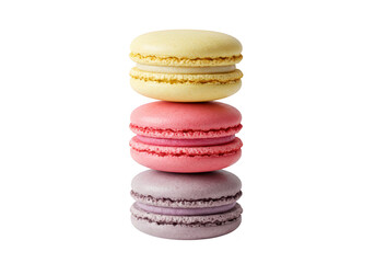 Stack of three colorful macarons isolated on transparent background