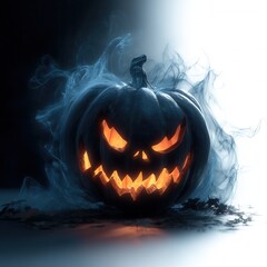 Naklejka premium Halloween concept. Eerie glowing pumpkin with smoke effects for Halloween decor.