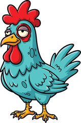 Cartoon blue chicken with droopy eyes and red comb, funny farm animal mascot illustration for children’s books, stickers, or humorous character designs