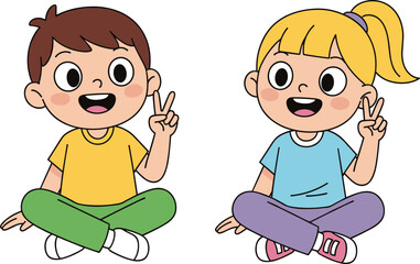 Two cartoon children sitting cross‑legged making peace signs, happy friends illustration for kids, friendship, education, and playful character design themes