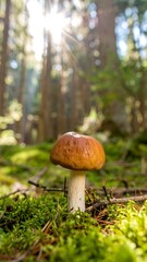 Sunlit mushroom in mossy forest