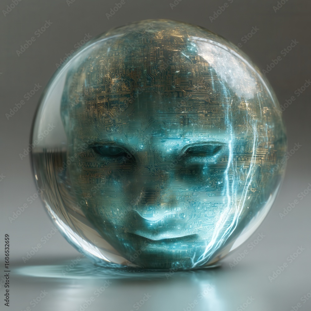 Poster halloween concept. digital face encapsulated in a translucent sphere with circuit patterns.