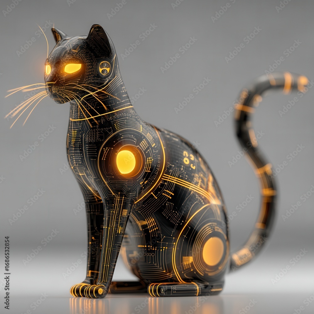Poster halloween concept. futuristic robotic cat with glowing features and circuit patterns.