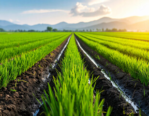 Serene Straight Rows of Lush Green Rice Paddy Field Landscape