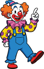 Cartoon clown character, colorful circus performer smiling and pointing, cheerful entertainer illustration for kids, carnival, and celebration design themes