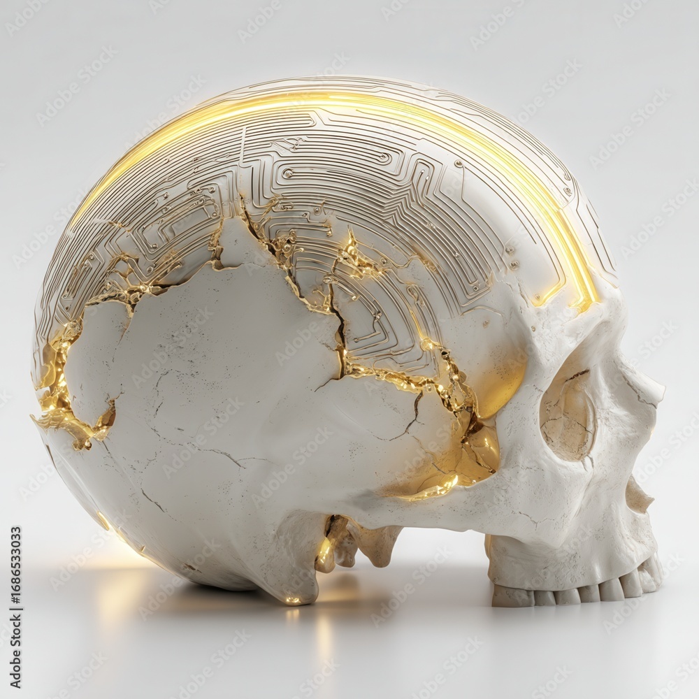 Poster halloween concept. futuristic skull design with circuit patterns and glowing elements.