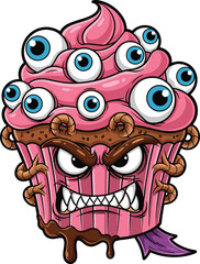 Fototapeta premium Creepy cupcake monster with eyeball frosting, horror dessert character, worms and chocolate drips, scary sweet treat illustration, grotesque food mascot design