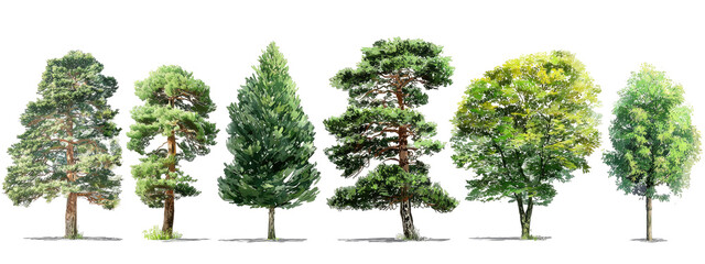 Obraz premium Row of diverse trees, various shapes and shades of green