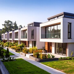 Modern sustainable homes with timber details surrounded by greenery