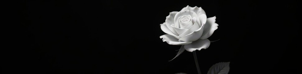 Monochrome floral still life; stark black backdrop, single white rose center , macro, dramatic, art