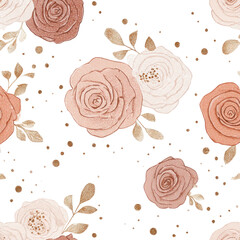 Naklejka premium Floral pattern of blush-toned roses on a black background with gold speckles