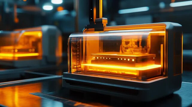 Futuristic 3d printers creating objects in automated manufacturing plant
