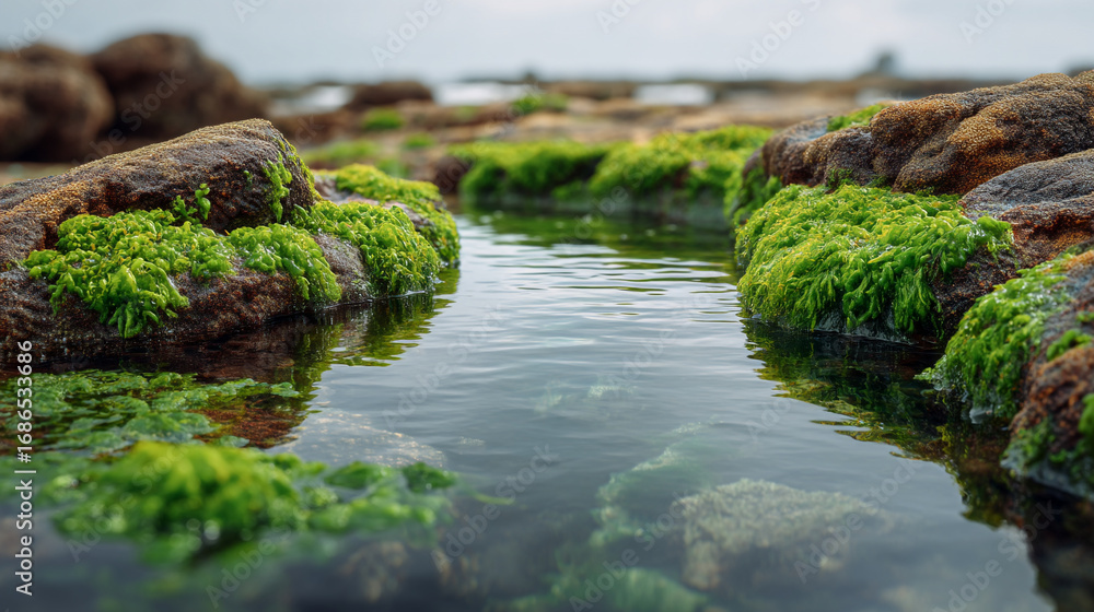 Aufkleber a close up view of moss covered rocks with water flowing between them on a cloudy day near the ocean
