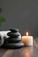 Serene zen stones, rolled towel, lit candle on wood table Grey background , calm, texture