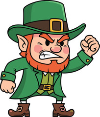 Angry cartoon leprechaun mascot, red beard and green outfit, Irish folklore character illustration, St. Patrick’s Day theme, clenched fists aggressive pose