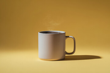 white mug filled with aromatic coffee sits elegantly on pastel yellow background