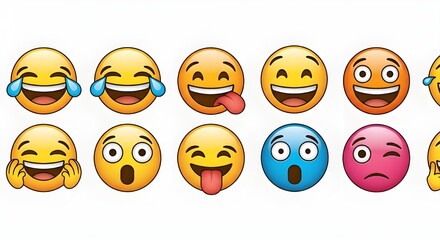A diverse collection of colorful and expressive cartoon smiley faces. A vibrant graphic set of digital icons for communicating emotions like joy and humor
