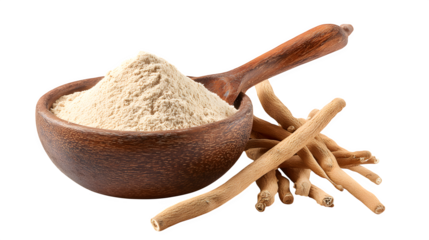 ashwagandha herbal powder in wooden spoon isolated on white background