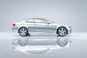 Fototapeta premium White luxury sedan reflected on glossy surface in minimalist studio environment, perfect for automotive advertising, product presentation and commercial marketing campaigns.