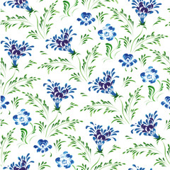 Vector floral seamless pattern from hand painted blue meadow flowers on a white background
