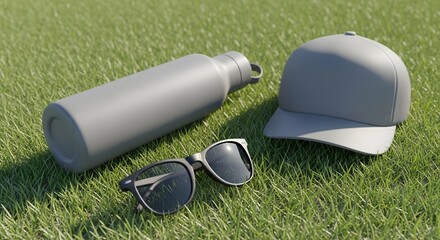 Grey water bottle, sunglasses and cap on grass, perfect for summer mockup