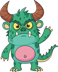 Fototapeta premium Cartoon green monster mascot with horns and fangs, playful fantasy creature illustration, children’s character design, waving gesture, imaginative mythical animal artwork