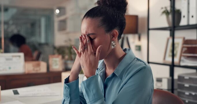 Business, woman and headache in office with pressure for deadline, brain fog or burnout from work. Female person, migraine or pain with stress, exhausted or overworked from project management