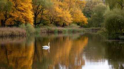 Fototapeta premium Landscape photograph of a lake with a white swan swimming in the water. the lake is surrounded by trees with orange and yellow leaves, creating a beautiful autumnal scene.
