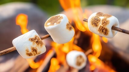 Golden Brown Marshmallows Roasting Over a Glowing Campfire Under a Clear Blue Sky
