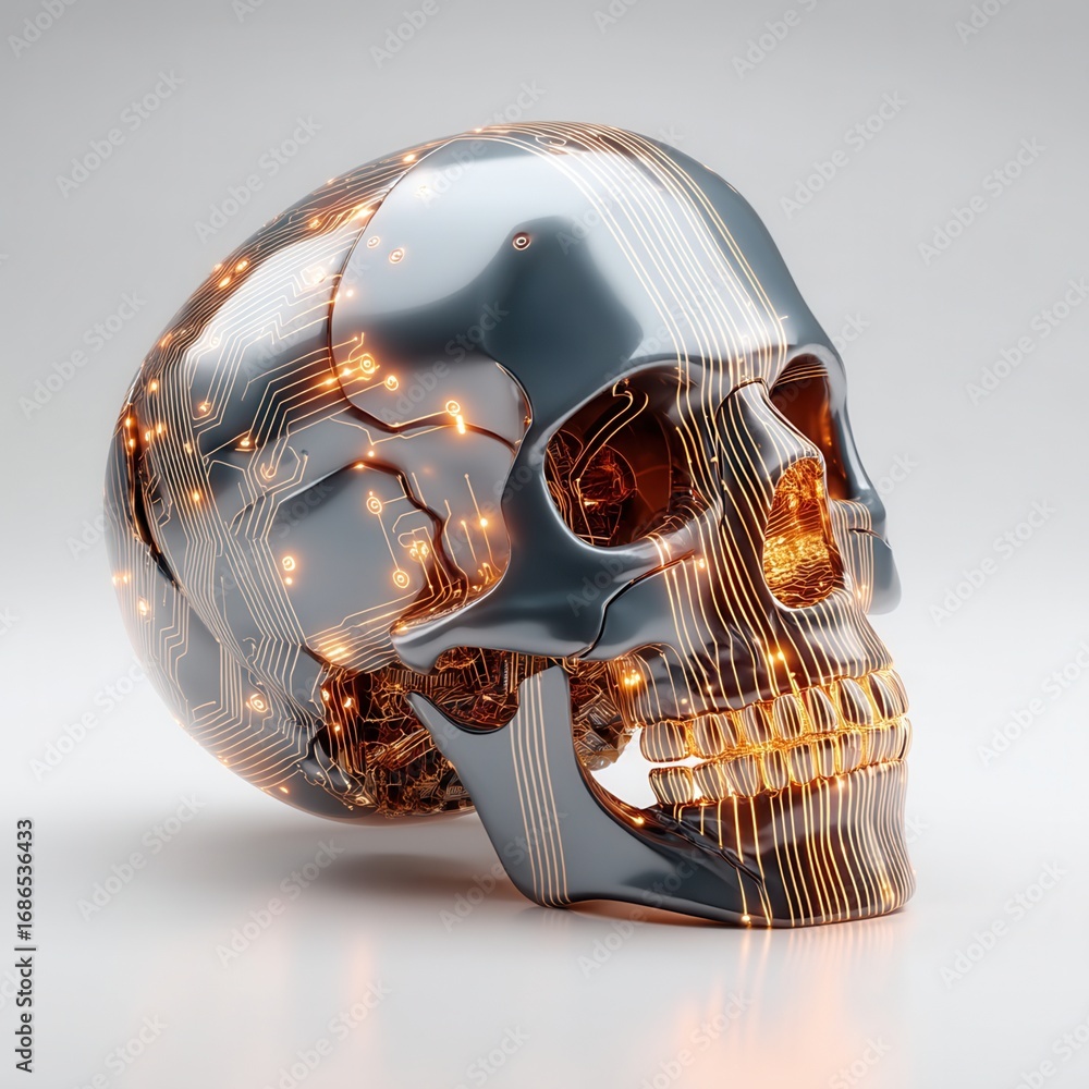 Poster halloween concept. futuristic skull design with circuit patterns and glowing elements.