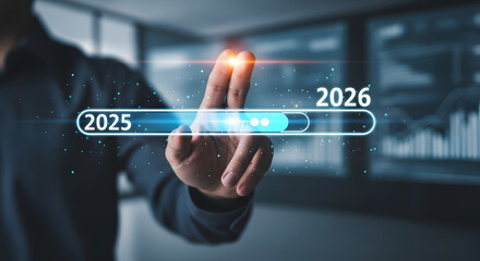 Man interacting with digital interface showing progress bar from 2025 to 2026 in futuristic style