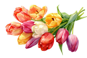 A vibrant bouquet of tulips in various shades of orange, pink, red, yellow, and white.  The tulips are arranged closely together, creating a full and colorful display. 