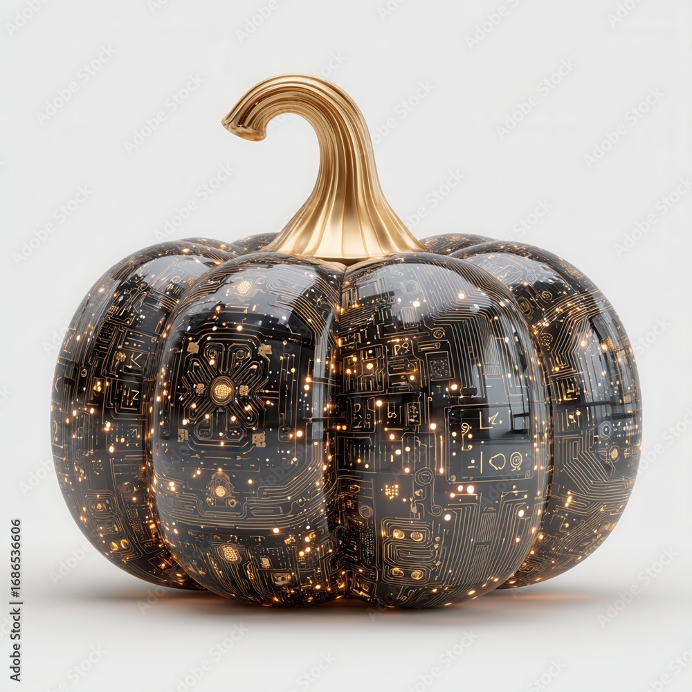 Poster halloween concept. futuristic pumpkin design with circuit patterns and a glowing stem.