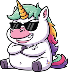 Cool cartoon unicorn with sunglasses, confident pose, mischievous grin, fantasy animal character, colorful mane and tail, stylish mascot design, playful mythical creature illustration