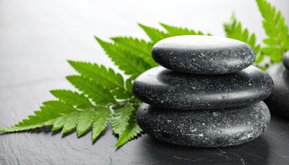 Spa Still Life: Stacked Dark Grey Stones and Fern on Slate
