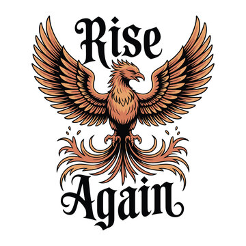 Vintage-style phoenix logo design with "Rise Again" text, perfect for apparel, branding, and motivational designs.