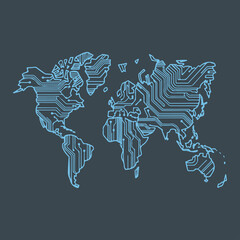 Circuit Board World Map Background of Global Technology Network