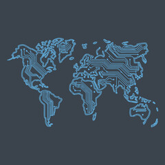 Circuit Board World Map Background of Global Technology Network