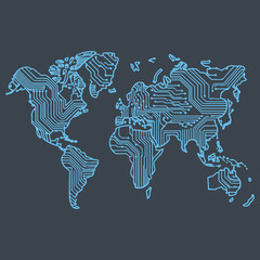 Circuit Board World Map Background of Global Technology Network