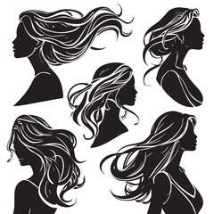 Set of Elegant Woman Silhouettes with Flowing Hair – Vector Illustration