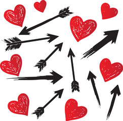 Distressed Hand-Drawn Arrows and Hearts Collection, Doodle Art of Arrows and Hearts