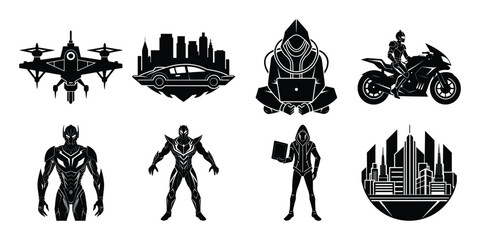 Futuristic Technology and Cyberpunk Icons Set in Black and White