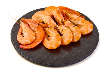 Cooked Shrimp on Black Stone, isolated on white background
